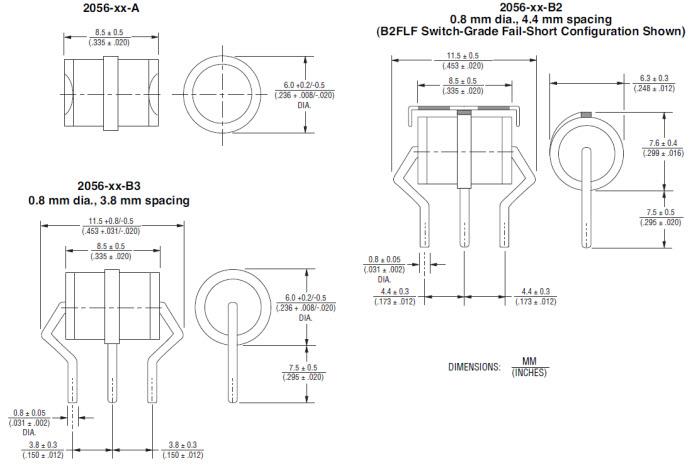 Mechanical Drawing - Bourns 2052 & 2056 Series Light Duty 3-Electrode GDTs